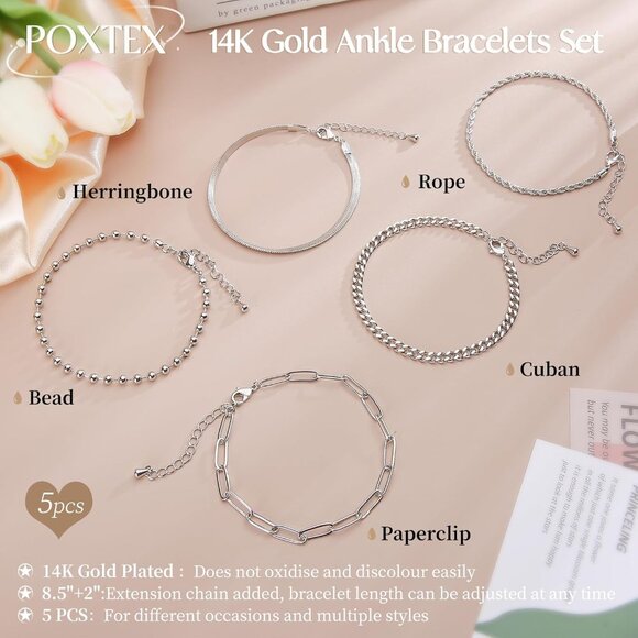 Sterling Silver Anklet Bracelets for Women Waterproof, 925 Sliver Plated CZ & He - Picture 6 of 7